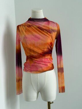 ZARA Draped Mesh Long Sleeve Top Multicolor Sheer Ruched
